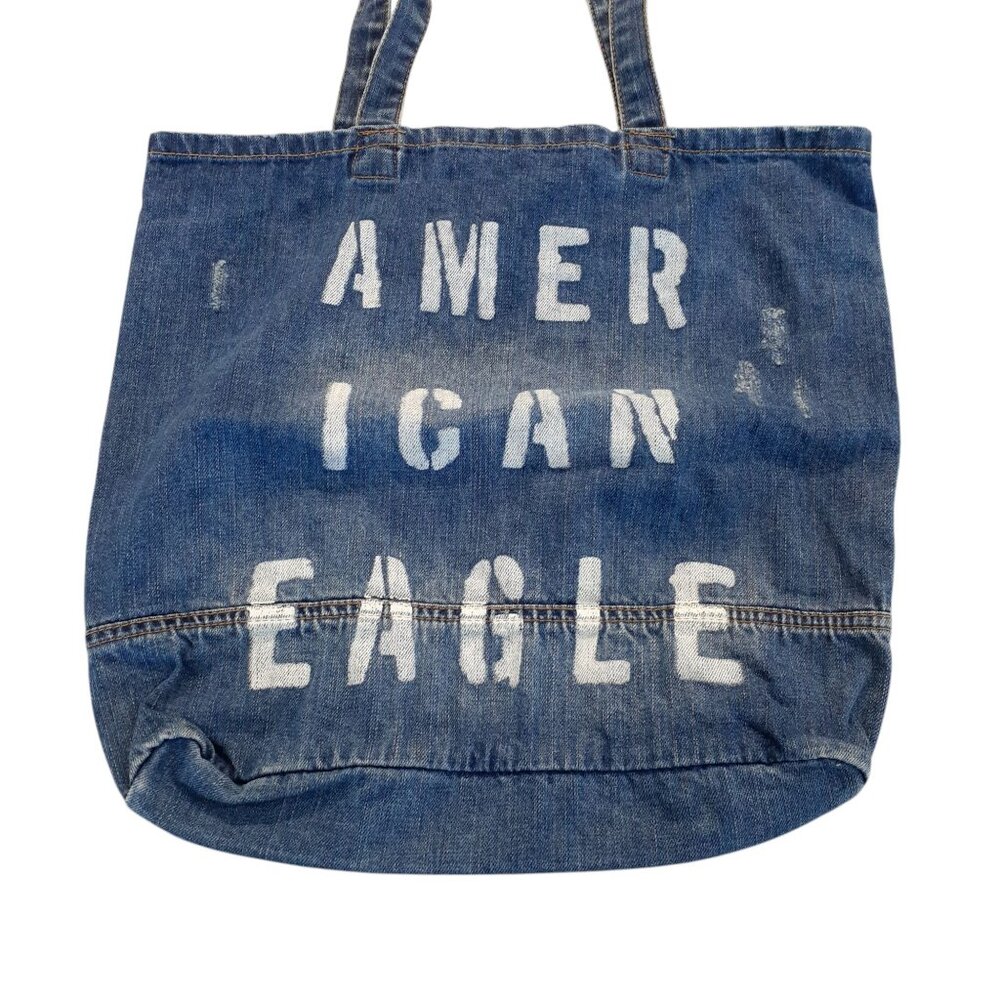 American Eagle Outfitters Distressed Denim Tote Bag Pocket Blue